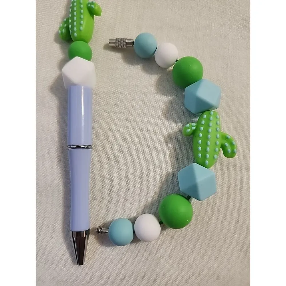 Bead Pen & Cup Charm Matching Combo Blue & Light Green Cactus Silicone